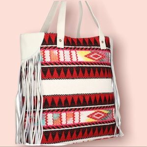 Jacquard & White Leather AZTEC PRINT TOTE/PURSE w/Fringes  NWT